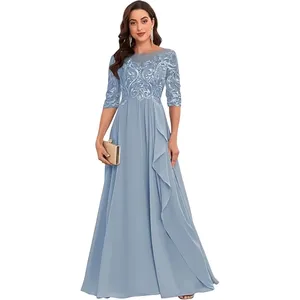 Vestidos de Encaje y Gasa para Madrina de <span class=keywords><strong>Boda</strong></span>, <span class=keywords><strong>Vestido</strong></span> Largo Formal de Noche con Mangas, Corte en A, para Invitadas y Madres de los Novios - Product Image 1