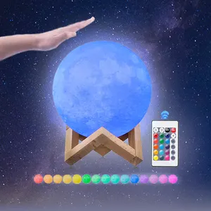 Aangepaste Touch Schakelaar Maan Nachtlampje Rgb 16 Kleur Veranderende Led 3d Maan Lamp Met Hout Stand