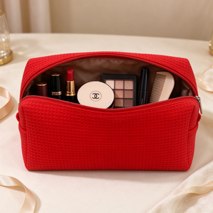 Pochette à maquillage en coton pur de haute qualité rouge, grande capacité, en coton gaufré, avec logo personnalisé et fermeture éclair, pour femmes - Product Image 5