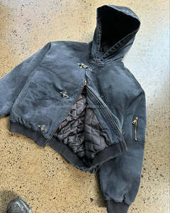 Custom Deck Hook Fireman Clasp Buckle Quilted <strong>Padded</strong> Faded Acid Wash Zip up Distressed Mechanic Workwear Work Bomber <strong>Hood</strong> <strong>Jacket</strong> - Product Image 3