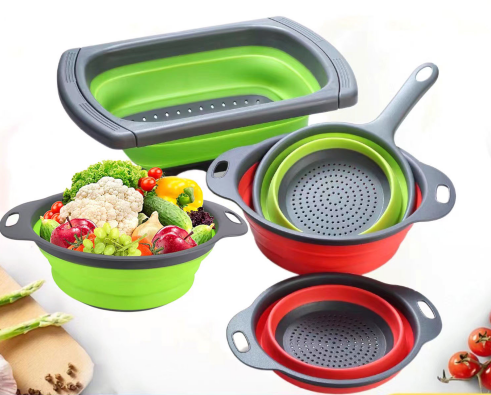 Складной силиконовый дуршлаг, набор, корзина для макаронных изделий, ситечки с пластиковыми ручками для кухни