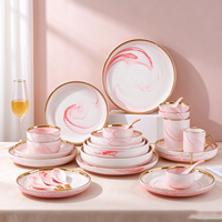 Coffret Cadeau Vaisselle en Céramique à Motif Marbre, Bordure Dorée Luxueuse, Réutilisable pour Fêtes de Famille, Réceptions et Mariages