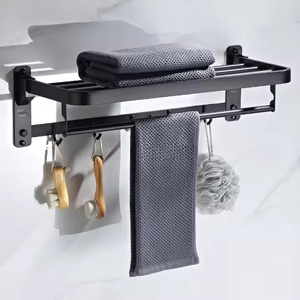 Wall Mounted Black Stainless Steel Towel Rack with <b>Shelf</b> and Hooks 60cm Minimalist Bathroom Organizer Fixed Towel Holder - Product Image 3
