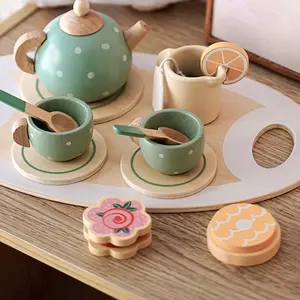 Pretend Play Preschool Wooden Kids Toys Tableware Play Set Afternoon Tea Dessert Cake Sales Tea Pot Cup Wooden Tea Set