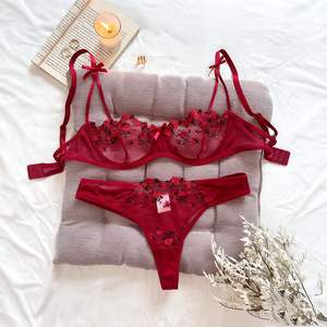 Set di reggiseno sottile ricamato Semi-tentazione in pizzo intimo Sexy intimo trasparente allettante da donna rosso erotico - Product Image 3