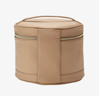 Pochette de maquillage personnalisée en cuir végétalien, trousse de toilette de voyage ronde, faible MOQ, sac cosmétique pas cher avec pompon