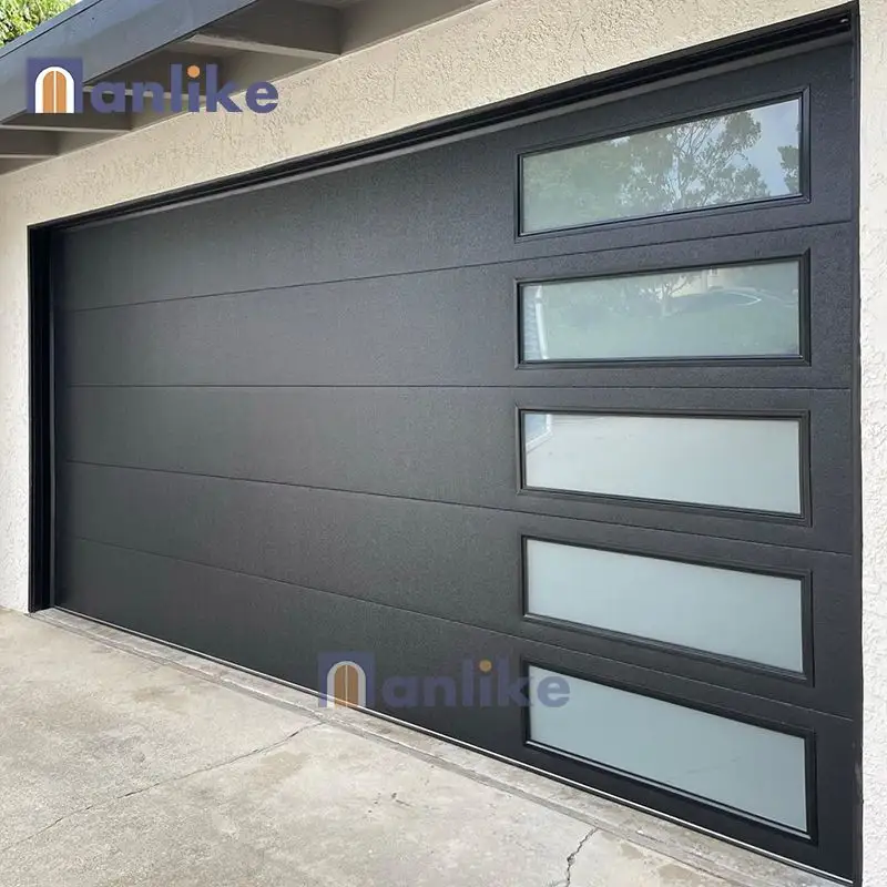 Anlike Panneau affleurant commercial moderne Noir Smart Automatique 16x7 Porte de garage sectionnelle en acier pour les maisons