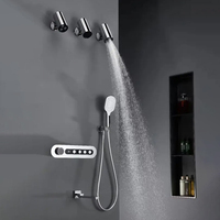 Système de douche thermostatique à poignée unique LED, affichage de la température 4 modes, robinet de salle de bain en laiton anti-brûlure, jet doux, fonction pause, finition brossée