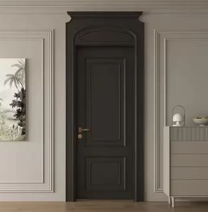 Puerta de Madera Maciza de Estilo Moderno Personalizada, Puerta Abatible Plana Insonorizada para Dormitorio con Rejilla Negra Pintada - Product Image 1