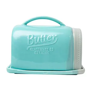 emboss blue glazed mason jar ceramic butter dish with lid