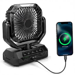 พัดลมตั้งแคมป์แบบพกพาพร้อมพอร์ตชาร์จ USB-C มอเตอร์ไร้แปรงถ่านแบบสั่นได้ 4 ระดับ ใช้แบตเตอรี่ สีดำ - Product Image 1
