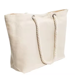 Bolsa de compras reutilizable con asa ancha para uso en la playa, bolso de compras con logotipo personalizado de gran tamaño, color beige, grueso y natural - Product Image 5