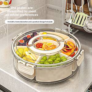 Boîte à collation ronde portable pour la maison avec couvercle, compartiments rotatifs, assiette à fruits secs anti-humidité, scellée et en plastique avec poignée - Product Image 2