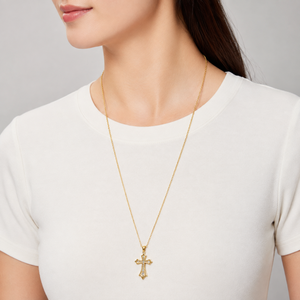 Collier pendentif croix en acier inoxydable avec incrustation de zircon, plaqué or 18 carats sous vide, option or, chaîne de 66 cm, tons or et argent - Product Image 4