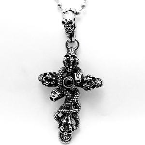 316 Stainless Steel Gothic Snake-Wrapped <b>Cross</b> Skull Pendant, Fashionable Personalized Necklace Pendant Jewelry Men's Jewelry - Product Image 2