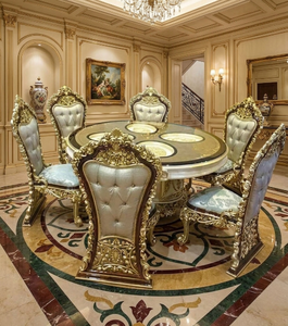 Juego de Comedor Redondo de Madera de Teca Antigua de Lujo, Diseño Real, Muebles de Comedor para 6 Personas - Product Image 3