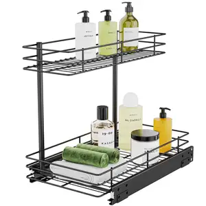 Pull Out Cabinet Organizer, 2 Tier Wire Basket Under Sink Slide Out Storage Shelf with Sliding Drawer