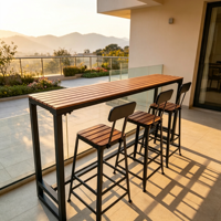 Outdoor-Hochbar-Tischset mit WPC-Holz-Kunststoff-Tischplatte und schwarzem Metallrahmen in Thekenhöhe für Terrasse, Garten, Balkon, Resort und Café