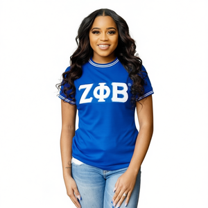 Camiseta para Mujer Zeta Phi Beta, Azul con Rayas Blancas, Bordado de Chenille, Algodón, Ropa Universitaria de la Hermandad - Product Image 1