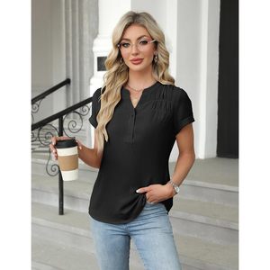 Blusa de Manga Corta con Cuello en V y Botones para Mujer, Estilo Casual para el Trabajo, Camisa de Popelina - Product Image 3