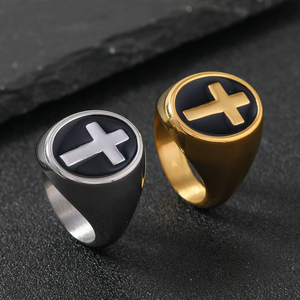 빈티지 변색 방지 여성 & 남성 스테인리스 스틸 십자가 각인 블랙 에나멜 빅 스테이트먼트 링 - Product Image 1