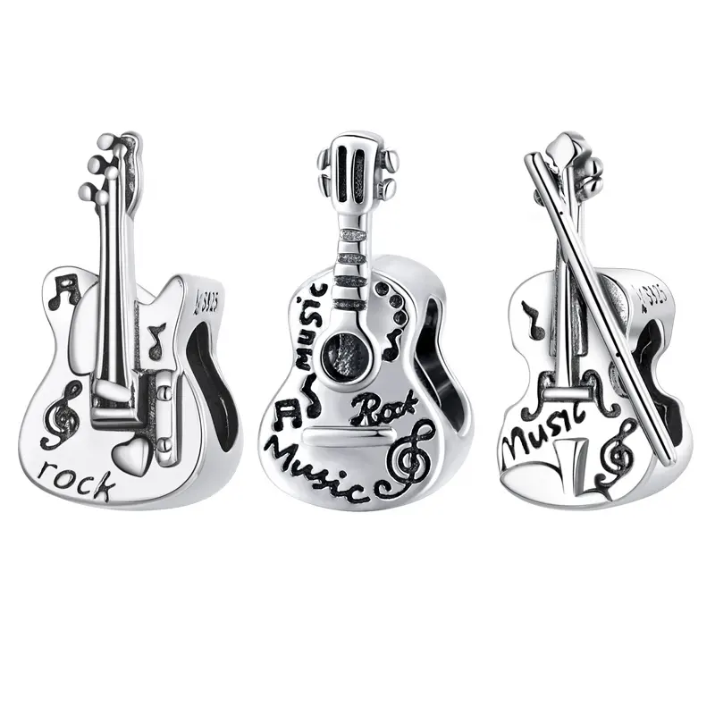 925 Sterling Silver Vintage Bass Violin Âm Nhạc Guitar Charms Hạt Pendant Fit Gốc Bracelet Vòng Cổ Cho Phụ Nữ Trang Sức