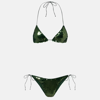 Set Bikini Payet Hijau Seksi, Pakaian Renang Segitiga Berkilau, Baju Renang Halter Wanita Mengkilap, Baju Renang Tali Brasil, Pakaian Pantai