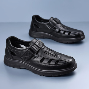 Sandalias de Verano para Hombre, Punta Redonda, Cuero, Cierre de Velcro, Estilo Deportivo, Entresuela de EVA, Suela de Goma, Color Sólido, Cómodas - Product Image 2