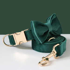 Luxe Hondenhalsbandset Private Label Fluwelen Kraag Met Metalen Clip En Logo Metalen Gesp Hondenhalsband Met Vlinderdas - Product Image 5