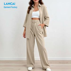 Camicia di <span class=keywords><strong>lino</strong></span> con bottone a maniche lunghe e pantaloni a gamba dritta da <span class=keywords><strong>donna</strong></span> tuta da <span class=keywords><strong>donna</strong></span> - Product Image 1