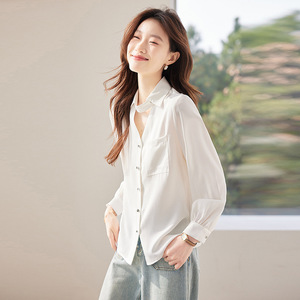 White Women's Shirt Long Sleeve Solid Color Poplin Work Blouse Simple Style - Product Image 3