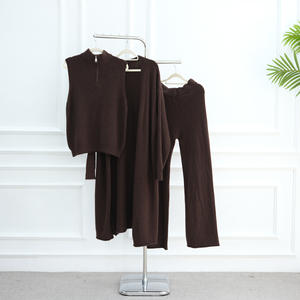 Otoño nuevo elegante conjunto de punto simple para mujer suéter largo cárdigan pantalones conjuntos de tres piezas - Product Image 5