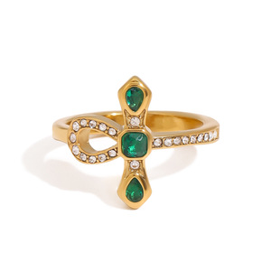 Cross Shape Snake Design Ring 18K Gold Plated With Zircon Emerald Inlay Unisex Fashion Jewelry Gift - Product Image 1