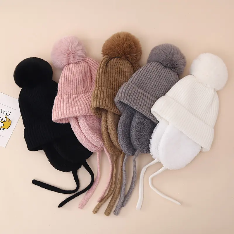 Personalizado Inverno Crianças Chapéu Earflap Malha Beanie Cap Quente Velo Forrado Engrossar malha Chapéus para Baby Girl