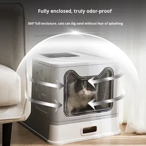 Caja de Arena para Gatos Extra Grande de Doble Capa, Metálica y de Plástico, Totalmente Cerrada, Rectangular, Antiolores, Antisalpicaduras, Diseño Plegable - Product Image 3