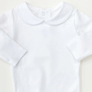 Monogram Blank Roze En Witte Peter Pan Kraag Met Picot Versiering <span class=keywords><strong>Baby</strong></span> Onesie Lange Mouw Custom Puur Katoenen <span class=keywords><strong>Baby</strong></span> Bodysuit - Product Image 6