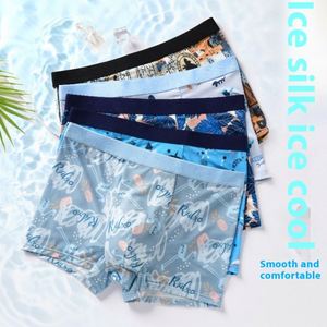 Men's Summer Ultra-Thin Cool Ice Silk Printed <b>Boxer</b> Briefs Large Size Loose Mesh Four-Corner Underwear <b>Custom</b> Logo Waist Fabric - Product Image 2