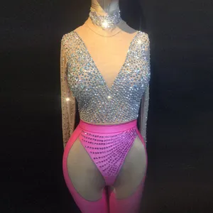 Combinaison moulante avec strass à manches longues pour femme, tenue pour sortir en boîte de nuit, Slim, pour le spectacle de fête de danse, cristal rose, barboteuse, 2020