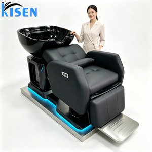 Station de lavage de cheveux KISEN, lavabo en céramique noire brillante intégré, fauteuil inclinable électrique, accoudoirs entièrement rembourrés, revêtement PU imperméable. - Product Image 5