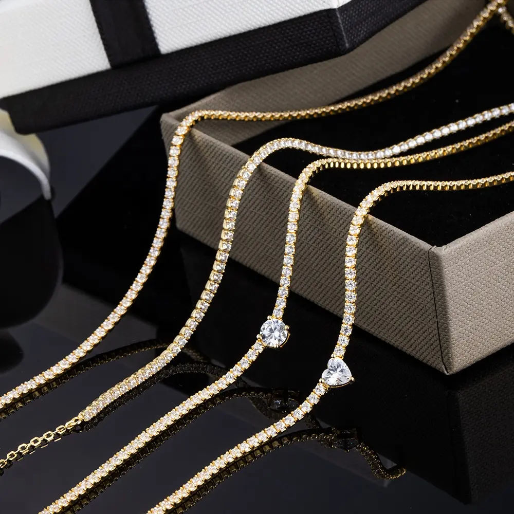 14K Gold Plated Zircon Stone 3MM Cubic Zirconia Chocker 925 Sterling Silver Chain Silver Tennis Necklace