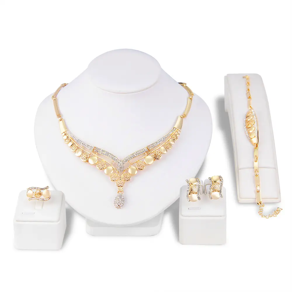 Chunky Necklace Set Jeweled Drop Necklace Bridal Wedding Gold Necklace Earrings Bracelet Jewelry Sets