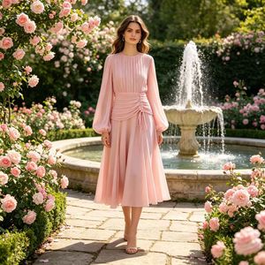 <span class=keywords><strong>Robe</strong></span> midi plissée en mousseline <span class=keywords><strong>rose</strong></span> poudré pour femme, manches lanternes, cordon <span class=keywords><strong>de</strong></span> serrage latéral, taille froncée, tenue pour invitée <span class=keywords><strong>de</strong></span> mariage, vente en gros OEM, 50 MOQ - Product Image 1