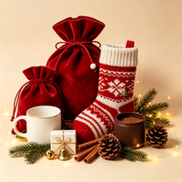 Chaussette de Noël en tricot, motif flocon de neige rouge, sac cadeau de Noël pour cheminée, décoration de fête familiale, emballage cadeau de vacances