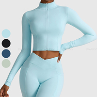 Haut court de sport pour femme, coupe ajustée, manches longues, avec fermeture éclair, idéal pour le yoga, la course et l'entraînement
