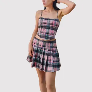Clothing Manufacturers Custom Women 2024 Summer Plaid Top And Skirt With Strap 2 Piece Ladies Outfits Skirt Set For Women