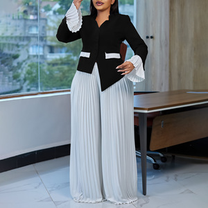 Của phụ nữ cộng với kích thước giản dị mùa hè loe tay áo hàng đầu và xếp li quần ống rộng phù hợp với màu sắc rắn hai mảnh trang phục Châu Phi - Product Image 3