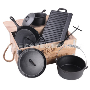 Ensemble de vaisselle de camping et de pique-nique en fonte pour l'extérieur avec boîte en bois pour cuisson/friture/plat à frire - Product Image 5