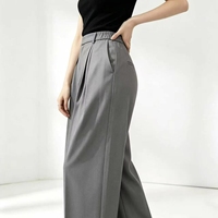 Pantalon gris taille haute à double pli, coupe large, fluide, longueur complète, droit, pour femme, style décontracté ou professionnel