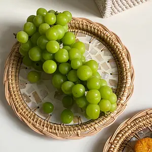 New Creative Design Handicraft Antique Rattan Wicker Mother Pearl Inlay Dish Fruit Snack Food Serving Tray
