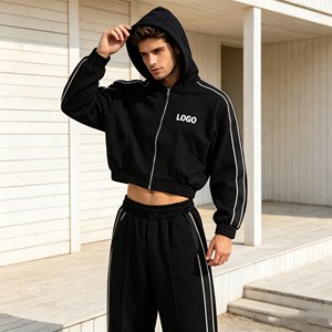 ชุดเซ็ตฮู้ดดี้ทรงแบ็กกี้แบบครอปสำหรับผู้ชาย ปักลาย 3 มิติ ล้างสีแบบแอซิด สเปรย์ลายลิงประดับเพชร 580GSM ชุดฮู้ดดี้มีซิปและกางเกงสำหรับผู้ชาย - Product Image 5